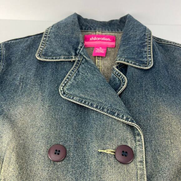 VTG 90s Xhilaration Double Breast Yellow Wash Distressed Denim Blazer Jacket M - Picture 6 of 9